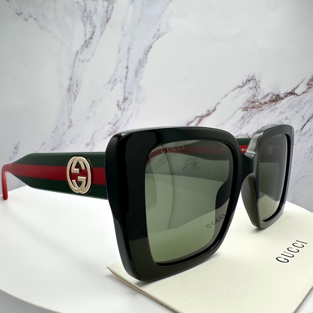 STYLISH New GUCCI Sunglasses Black Gold 3D Metal Logo Square Red Green Web Arms - Picture 15 of 16